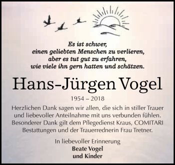 Traueranzeige von Hans-Jürgen Vogel von Super Sonntag Zeitz