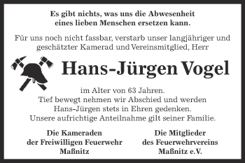 Traueranzeige von Hans-Jürgen Vogel von Super Sonntag Zeitz