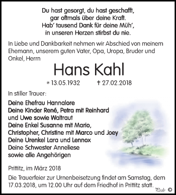 Traueranzeige von Hans Kahl von Mitteldeutsche Zeitung Weißenfels