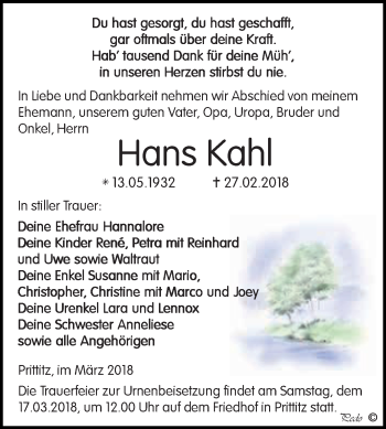 Traueranzeige von Hans Kahl von WVG - Wochenspiegel NMB / WSF / ZTZ