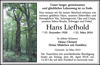Traueranzeige von Hans Liefhold von Mitteldeutsche Zeitung Quedlinburg
