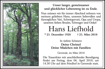 Traueranzeige von Hans Liefhold von WVG - Wochenspiegel Quedlinburg
