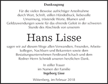 Traueranzeige von Hans Lisse von Super Sonntag Wittenberg
