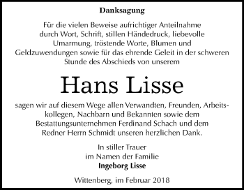 Traueranzeige von Hans Lisse von Mitteldeutsche Zeitung