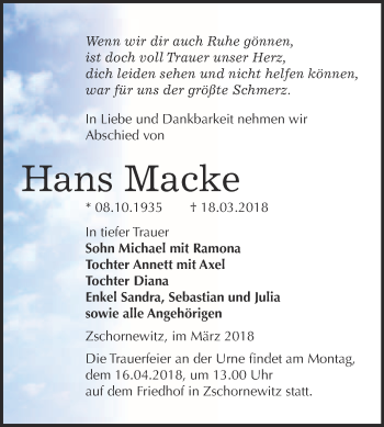 Traueranzeige von Hans Macke von WVG - Wochenspiegel Wittenberg