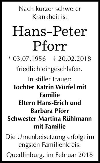 Traueranzeige von Hans-Peter Pforr von WVG - Wochenspiegel Quedlinburg