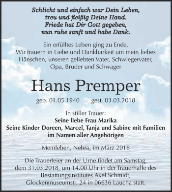 Traueranzeige von Hans Premper von WVG - Wochenspiegel NMB / WSF / ZTZ