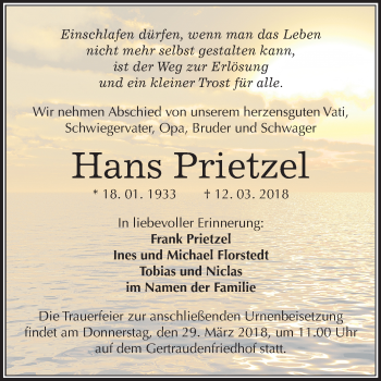Traueranzeige von Hans Prietzel von Mitteldeutsche Zeitung Halle/Saalkreis