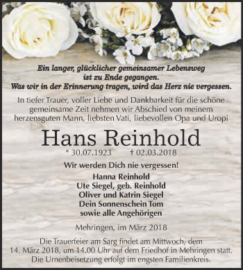 Traueranzeige von Hans Reinhold von Super Sonntag Aschersleben