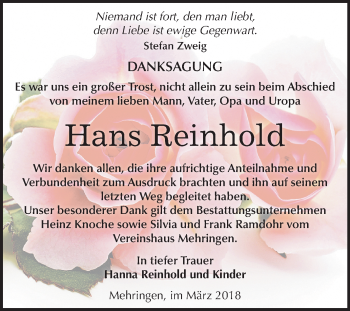 Traueranzeige von Hans Reinhold von Mitteldeutsche Zeitung Aschersleben
