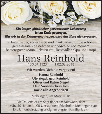 Traueranzeige von Hans Reinhold von Mitteldeutsche Zeitung Aschersleben