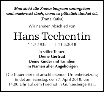 Traueranzeige von Hans Techentin von Mitteldeutsche Zeitung Quedlinburg
