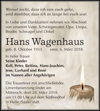 Traueranzeige von Hans Wagenhaus von Mitteldeutsche Zeitung