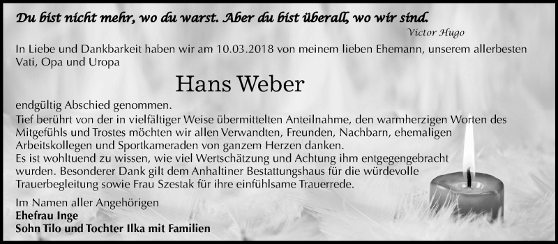  Traueranzeige für Hans Weber vom 20.03.2018 aus Mitteldeutsche Zeitung Dessau-Roßlau