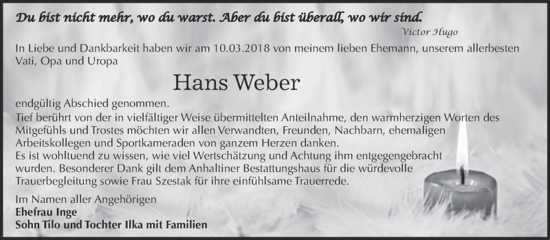  Traueranzeige für Hans Weber vom 17.03.2018 aus WVG - Wochenspiegel Dessau / Köthen