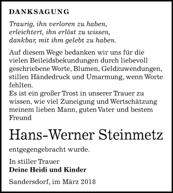 Traueranzeige von Hans-Werner Steinmetz von Mitteldeutsche Zeitung Bitterfeld