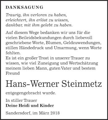 Traueranzeige von Hans-Werner Steinmetz von WVG - Wochenspiegel Bitterfeld