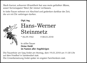 Traueranzeige von Hans-Werner Steinmetz von Mitteldeutsche Zeitung Bitterfeld