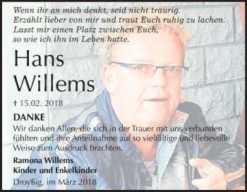 Traueranzeige von Hans Willems von Mitteldeutsche Zeitung Zeitz