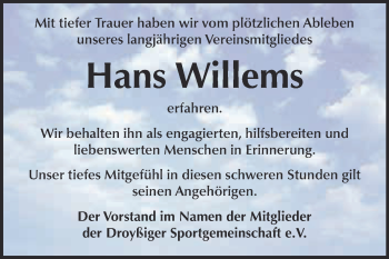 Traueranzeige von Hans Willems von Super Sonntag Zeitz