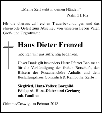 Traueranzeige von Hans Dieter Frenzel von Mitteldeutsche Zeitung