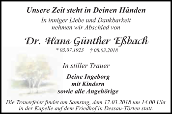 Traueranzeige von Hans Günther Eßbach von WVG - Wochenspiegel Dessau / Köthen