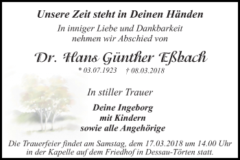 Traueranzeige von Hans Günther Eßbach von Mitteldeutsche Zeitung Dessau-Roßlau