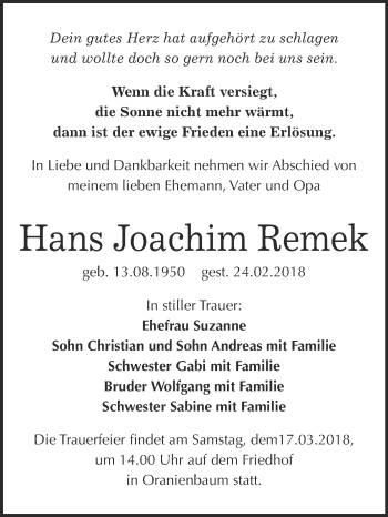 Traueranzeige von Hans Joachim Remek von Super Sonntag Wittenberg