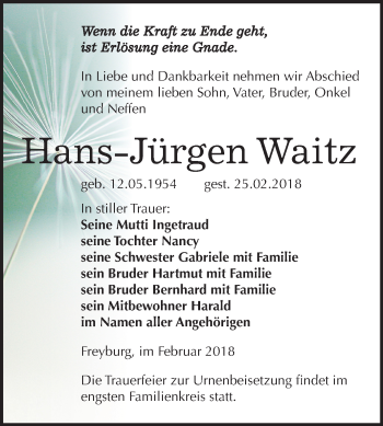 Traueranzeige von Hans Jürgen Waitz von Mitteldeutsche Zeitung