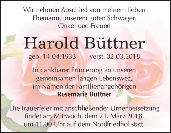 Traueranzeige von Harold Büttner von Mitteldeutsche Zeitung Halle/Saalkreis