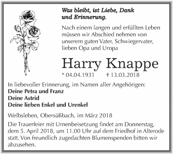 Traueranzeige von Harry Knappe von Super Sonntag SGH Mansf. Land