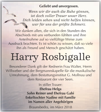 Traueranzeige von Harry Rosbigalle von WVG - Wochenspiegel Merseburg