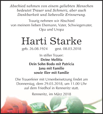 Traueranzeige von Harti Starke von WVG - Wochenspiegel Bitterfeld