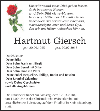 Traueranzeige von Hartmut Giersch von WVG - Wochenspiegel Wittenberg