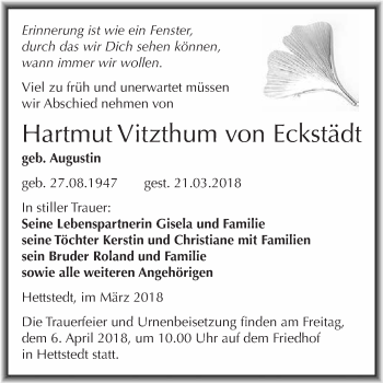 Traueranzeige von Hartmut  Vitzthum von Eckstädt von Super Sonntag SGH Mansf. Land