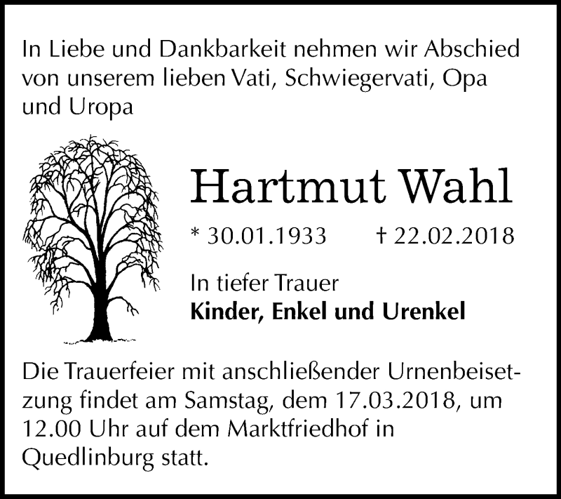  Traueranzeige für Hartmut Wahl vom 03.03.2018 aus Mitteldeutsche Zeitung