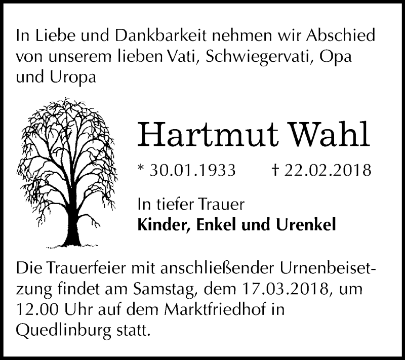 Traueranzeige für Hartmut Wahl vom 03.03.2018 aus WVG - Wochenspiegel Quedlinburg