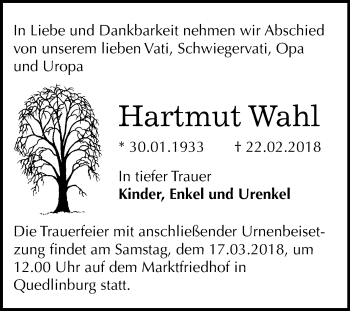 Traueranzeige von Hartmut Wahl von Mitteldeutsche Zeitung