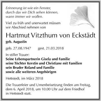 Traueranzeige von Hartmut Vitzthum von Eckstädt von Mitteldeutsche Zeitung