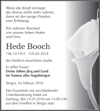 Traueranzeige von Hede Booch von WVG - Wochenspiegel Merseburg