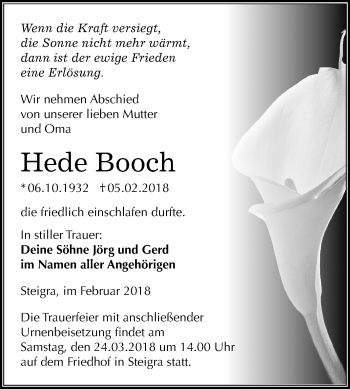 Traueranzeige von Hede Booch von Mitteldeutsche Zeitung Merseburg/Querfurt