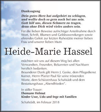 Traueranzeige von Heide-Marie Hassel von WVG - Wochenspiegel Merseburg