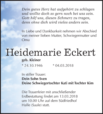 Traueranzeige von Heidemarie Eckert von Mitteldeutsche Zeitung Halle/Saalkreis