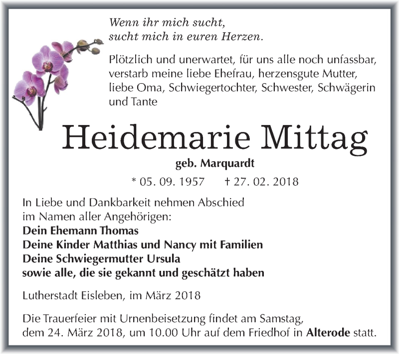  Traueranzeige für Heidemarie Mittag vom 10.03.2018 aus Mitteldeutsche Zeitung