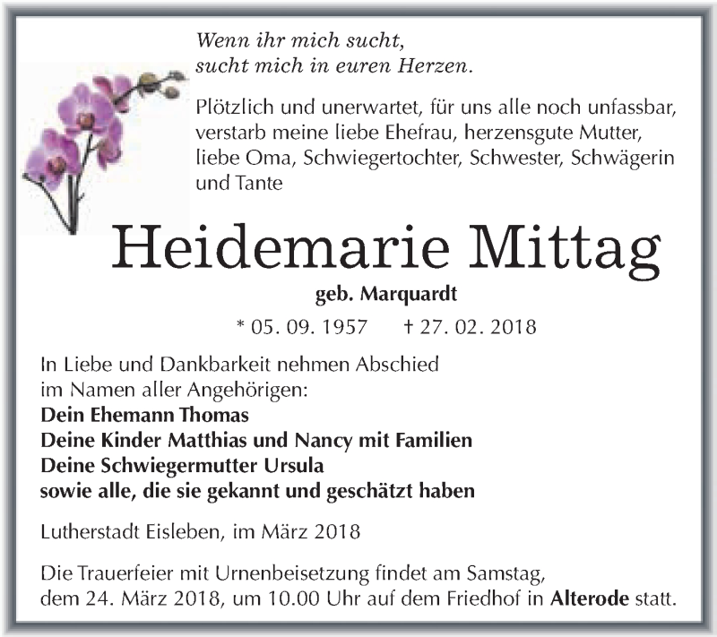  Traueranzeige für Heidemarie Mittag vom 10.03.2018 aus Super Sonntag SGH Mansf. Land