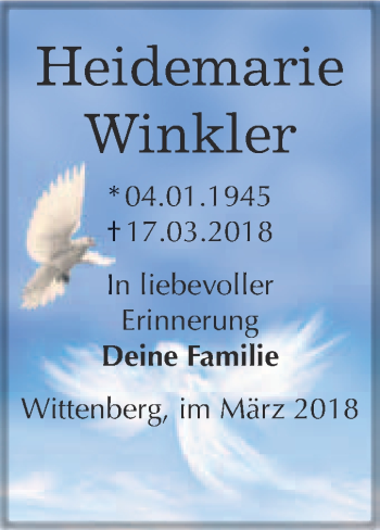Traueranzeige von Heidemarie Winkler von WVG - Wochenspiegel Wittenberg