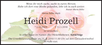 Traueranzeige von Heidi Prozell von Mitteldeutsche Zeitung Halle/Saalkreis