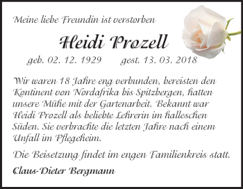 Traueranzeige von Heidi Prozell von Mitteldeutsche Zeitung Halle/Saalkreis