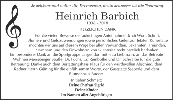 Traueranzeige von Heinrich Barbich von WVG - Wochenspiegel NMB / WSF / ZTZ
