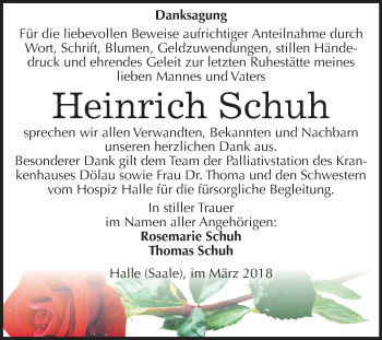 Traueranzeige von Heinrich Schuh von Mitteldeutsche Zeitung Halle/Saalkreis
